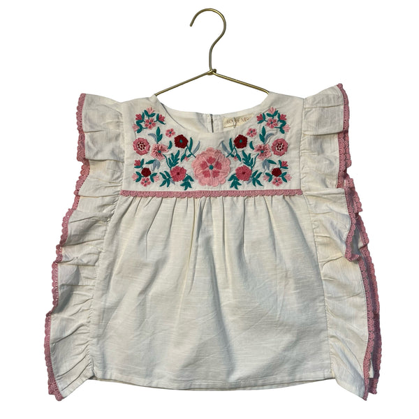 Louise Misha Ivory & Pink Embroidered Flower Cotton-Linen Top - Size 7Y