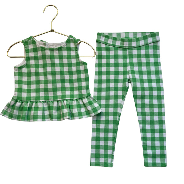 Janie and Jack Green & White Check Leggings & Peplum Tank Set - Size 2T