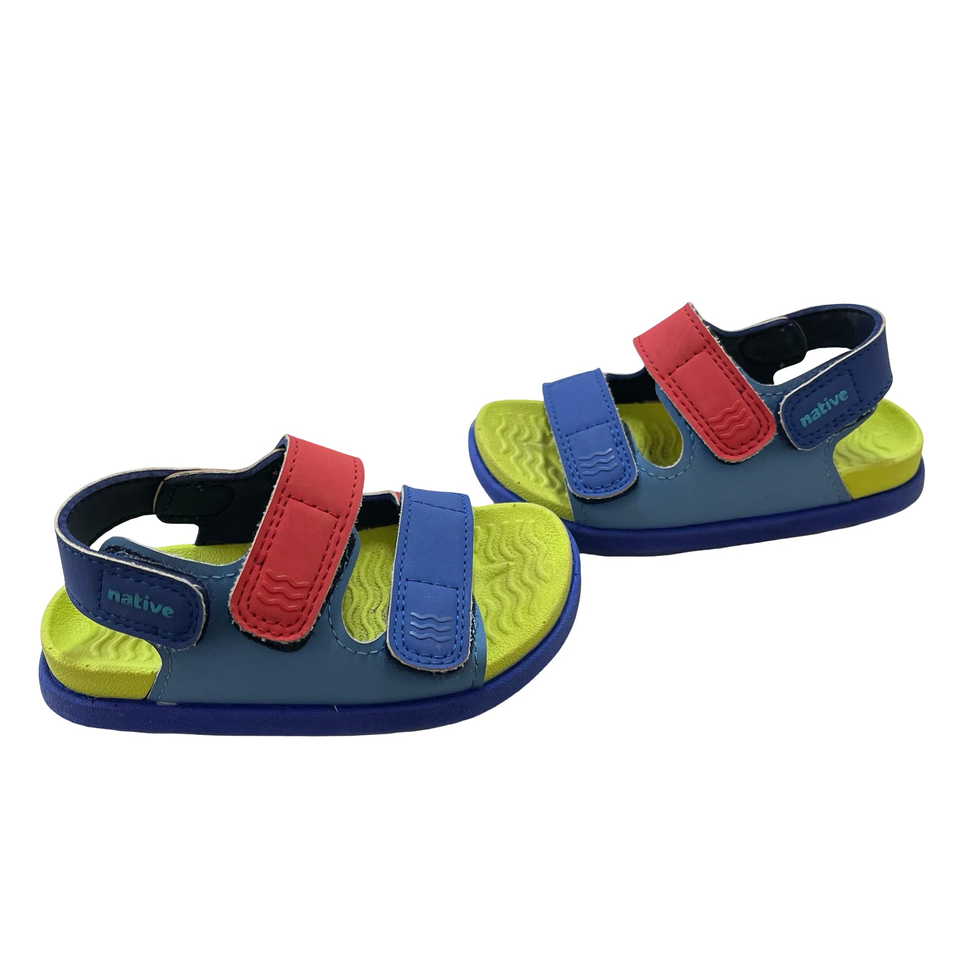 Native Blue, Red, Lime Velcro Sandals - Size 5 Estimated