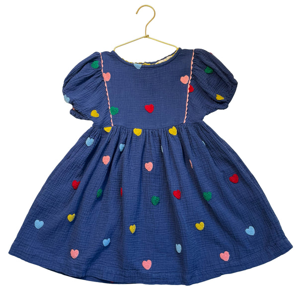 Mini Boden Navy Cotton Gauze Heart Applique Dress - Size 6-7Y