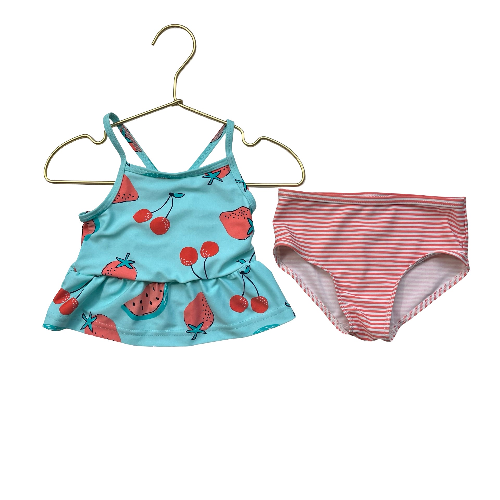 Carter's Teal Fruit & Striped Print 2 Piece Swim Suit - Size 18 Months