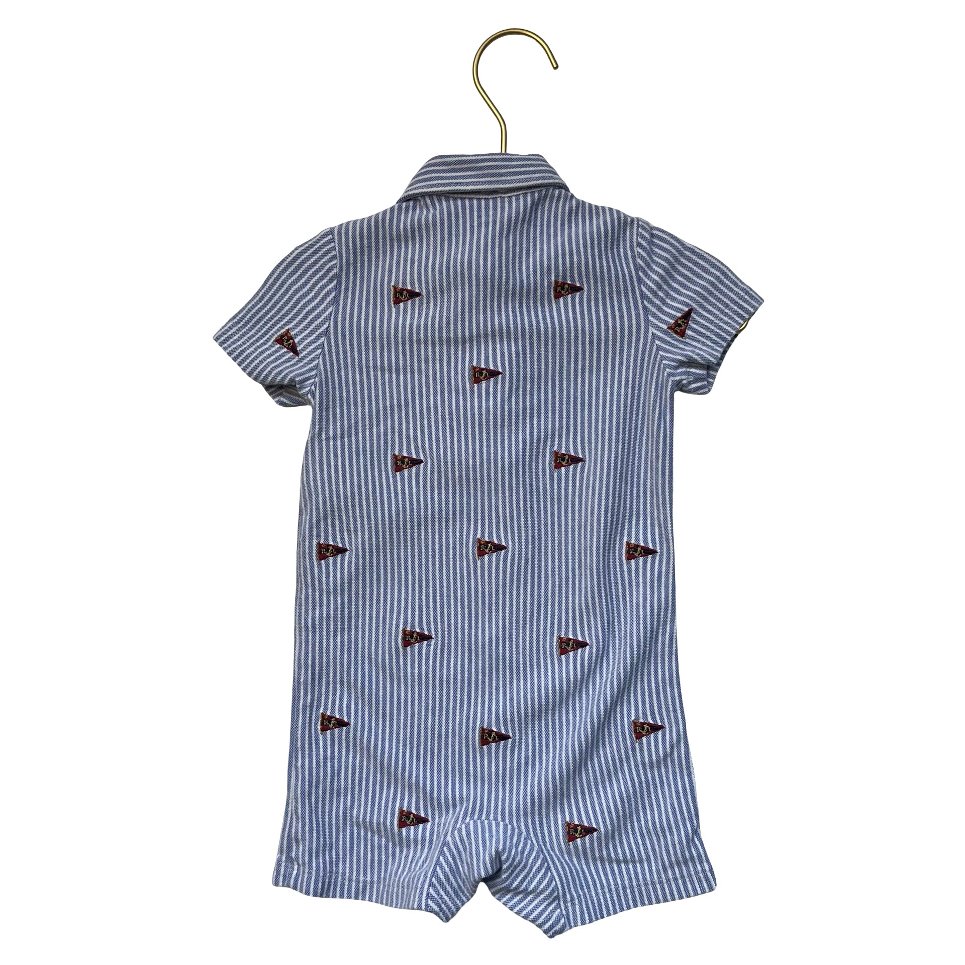 Ralph Lauren Blue Striped Embroidered Flag Polo Romper - Size 12 Mo