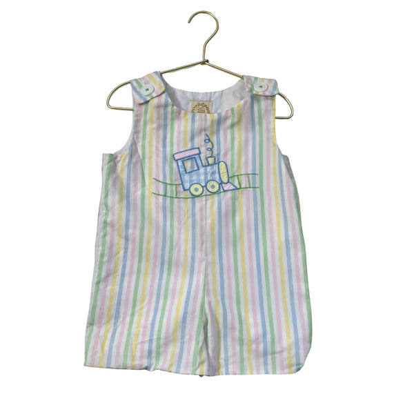 Beaufort Bonnet Pastel Striped Train Applique Shortall Romper - Size 2T