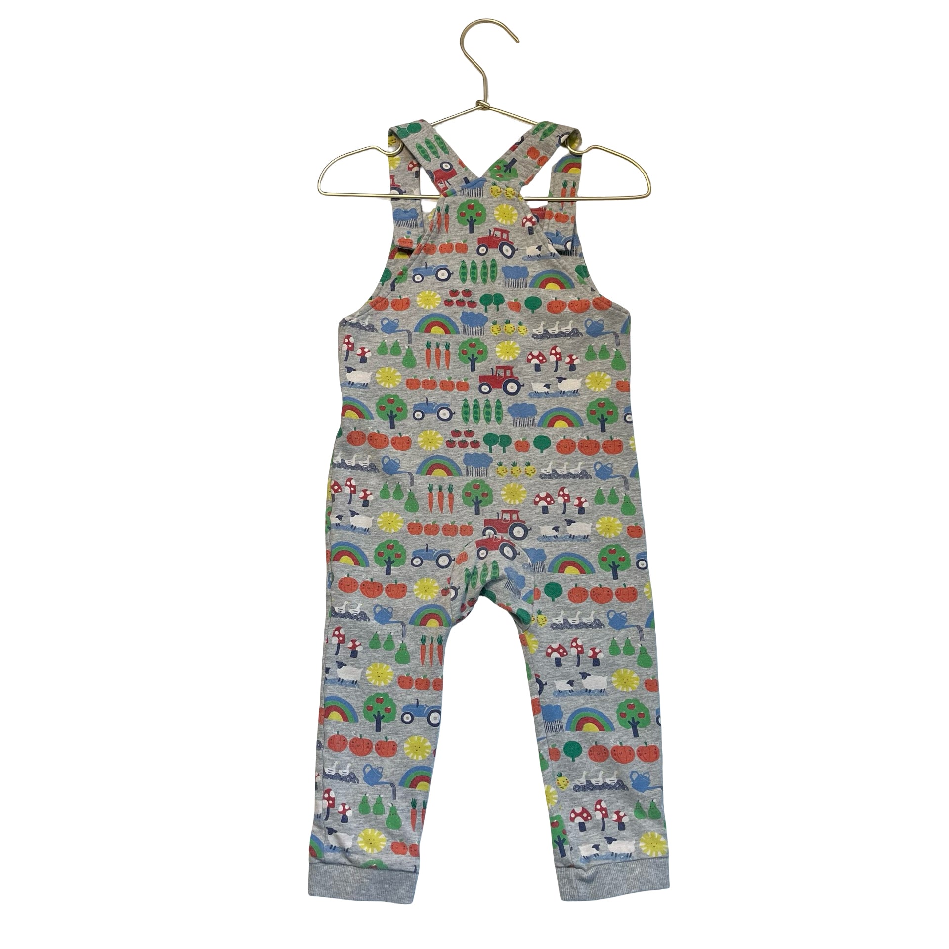 Baby Boden Gray & Multi-Color Farm Print Overalls - Size 2-3Y