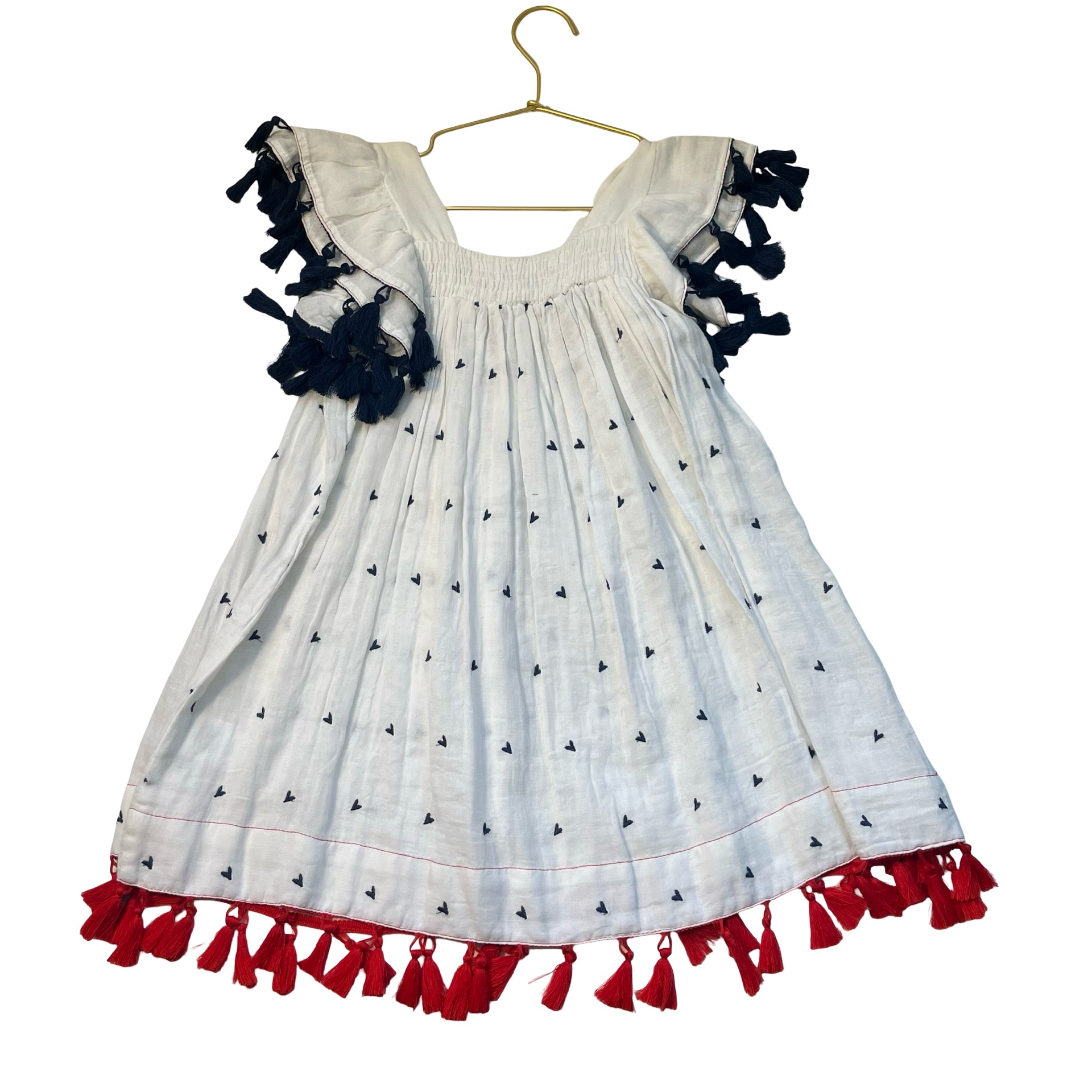 Mer St. Barth White, Red, Navy Embroidered Dress, Tassels - Size 6