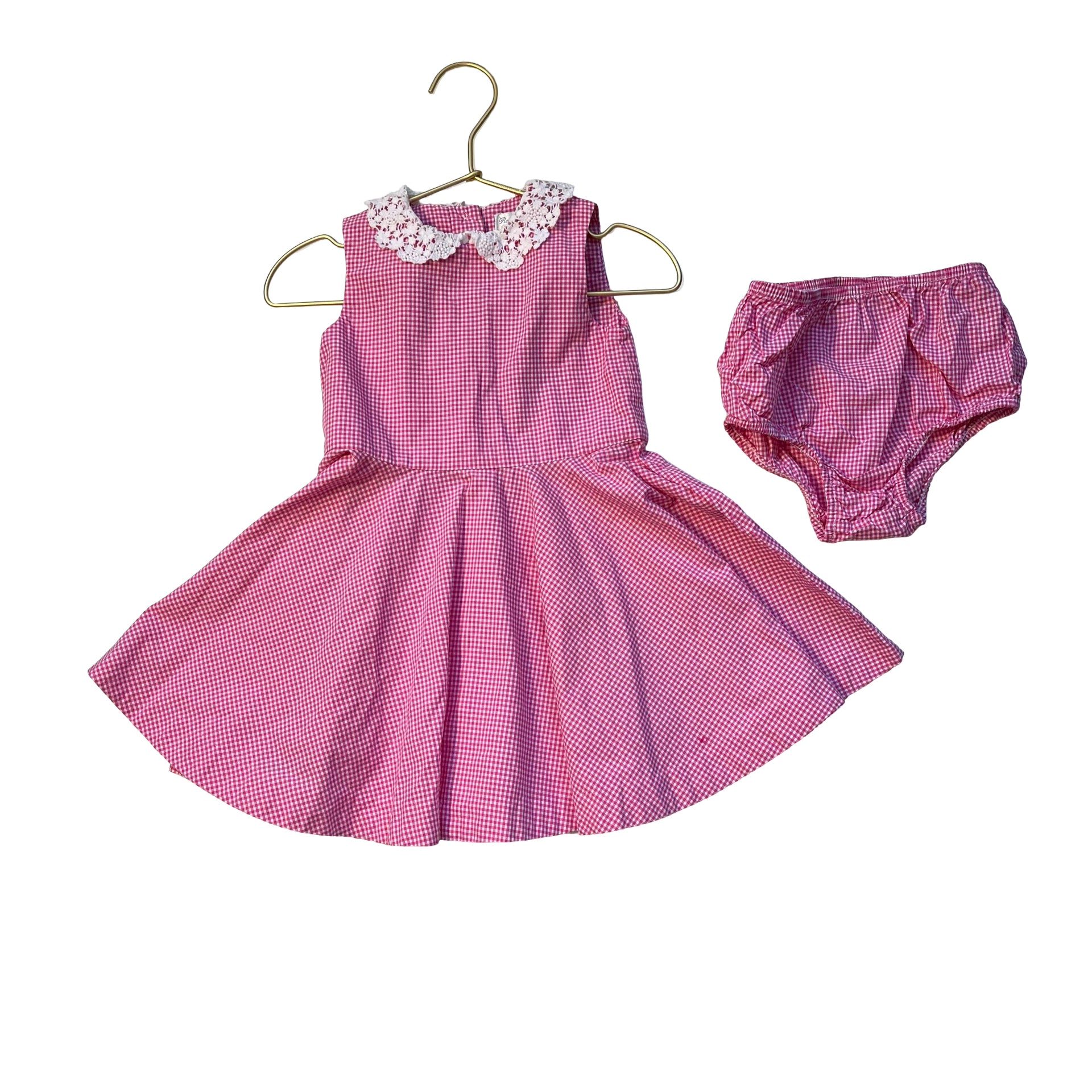 Ralph Lauren Pink Check Dress & Bloomers, Lace Collar - Size 18 Mo