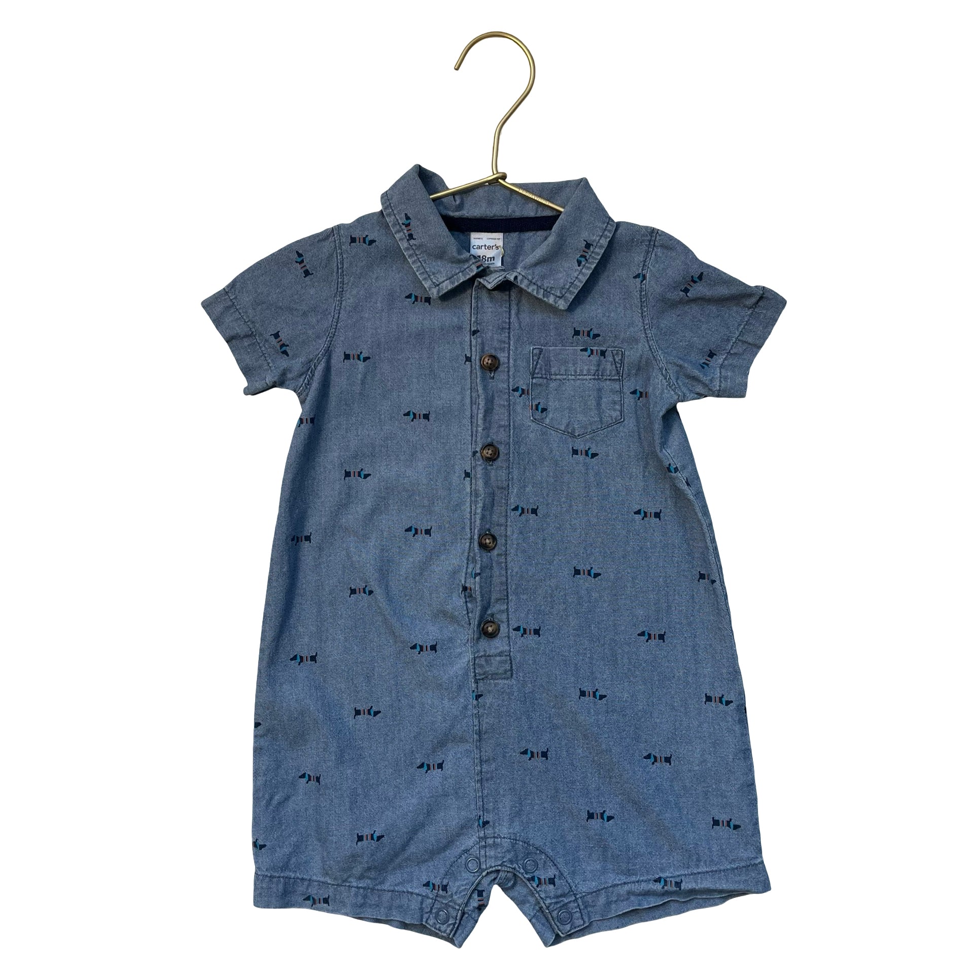 Carter's Chambray Dog Print Button Down Romper - Size 18 Mo