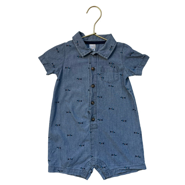 Carter's Chambray Dog Print Button Down Romper - Size 18 Mo