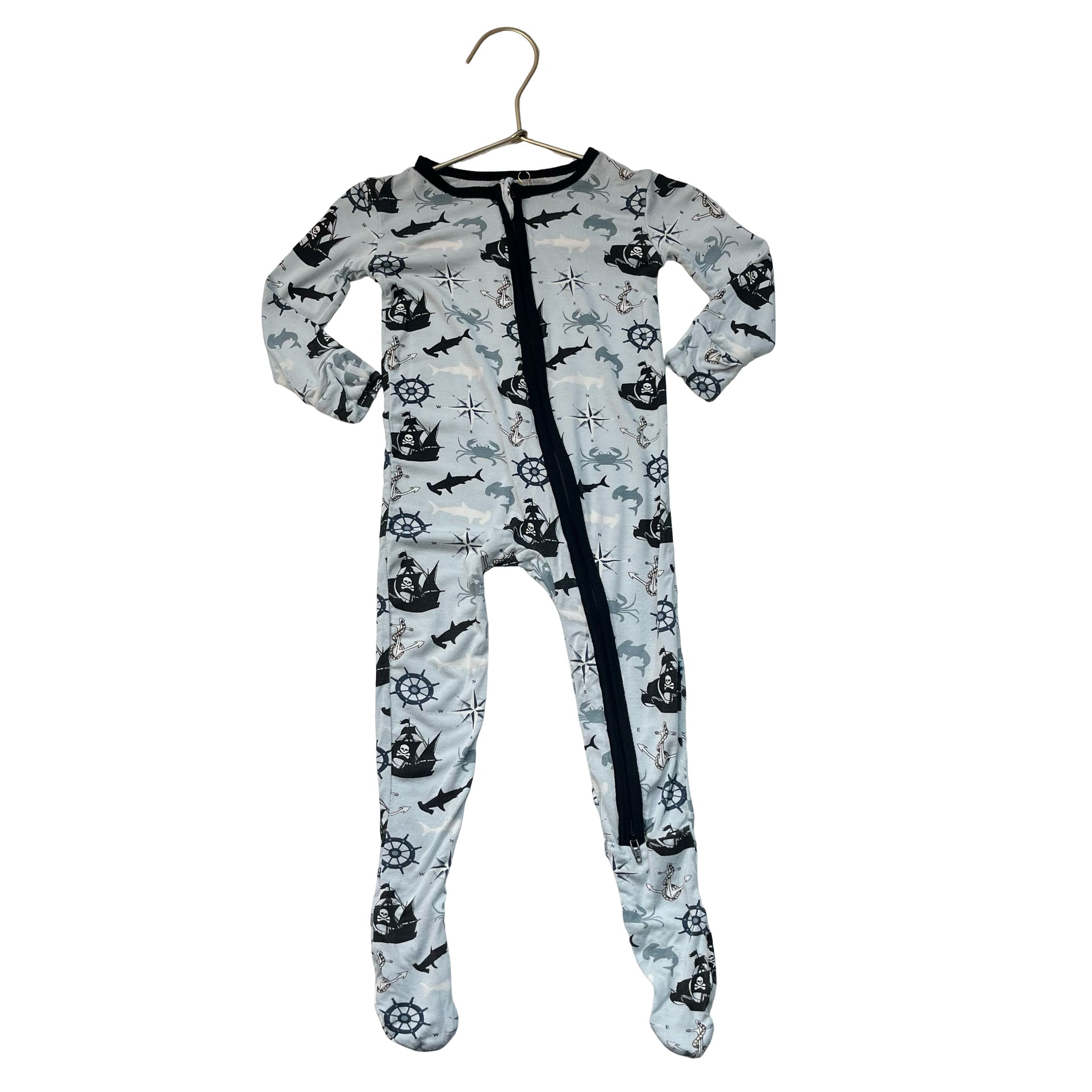 KicKee Light Blue Pirate & Nautical Print Footed One-Piece PJs - Size 9-12 Mo