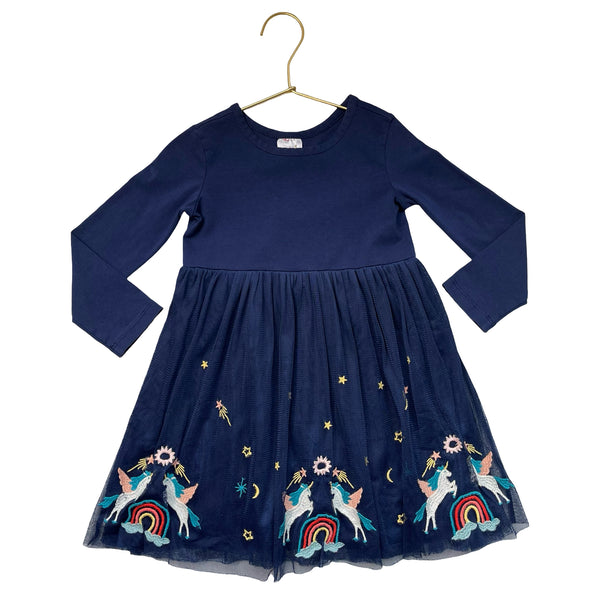 Hanna Andersson Navy Embroidered Unicorn & Rainbow Tulle Dress - Size 3T