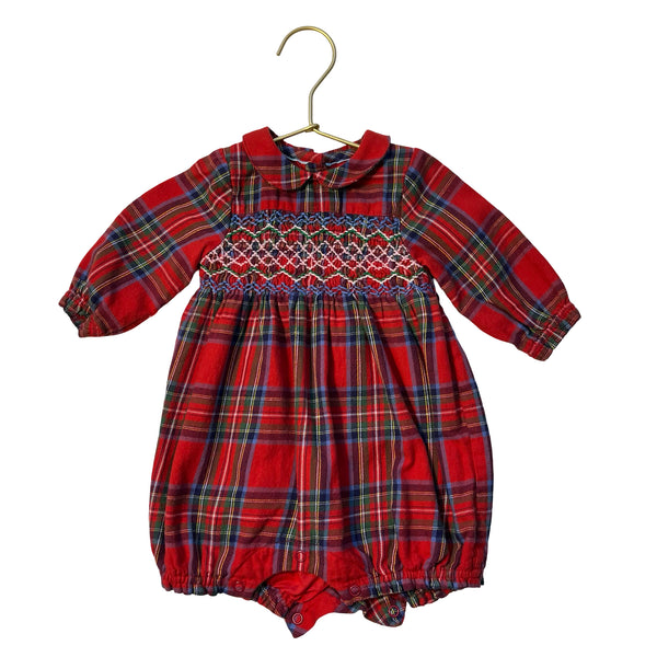 Baby Bodeen Red Tartan Plaid Flannel Smocked Bubble Romper - Size 0-3 Mo