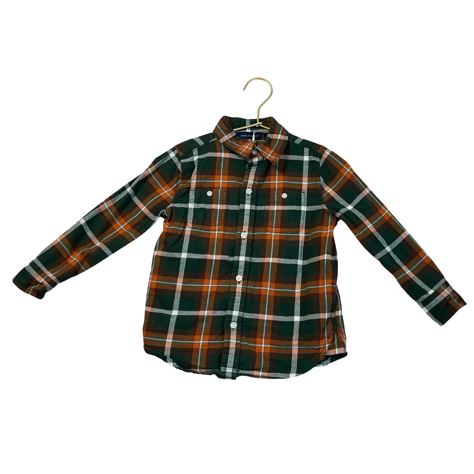 Janie and Jack Green, Orange, Ivory Plaid Button Down Shirt - Size 3
