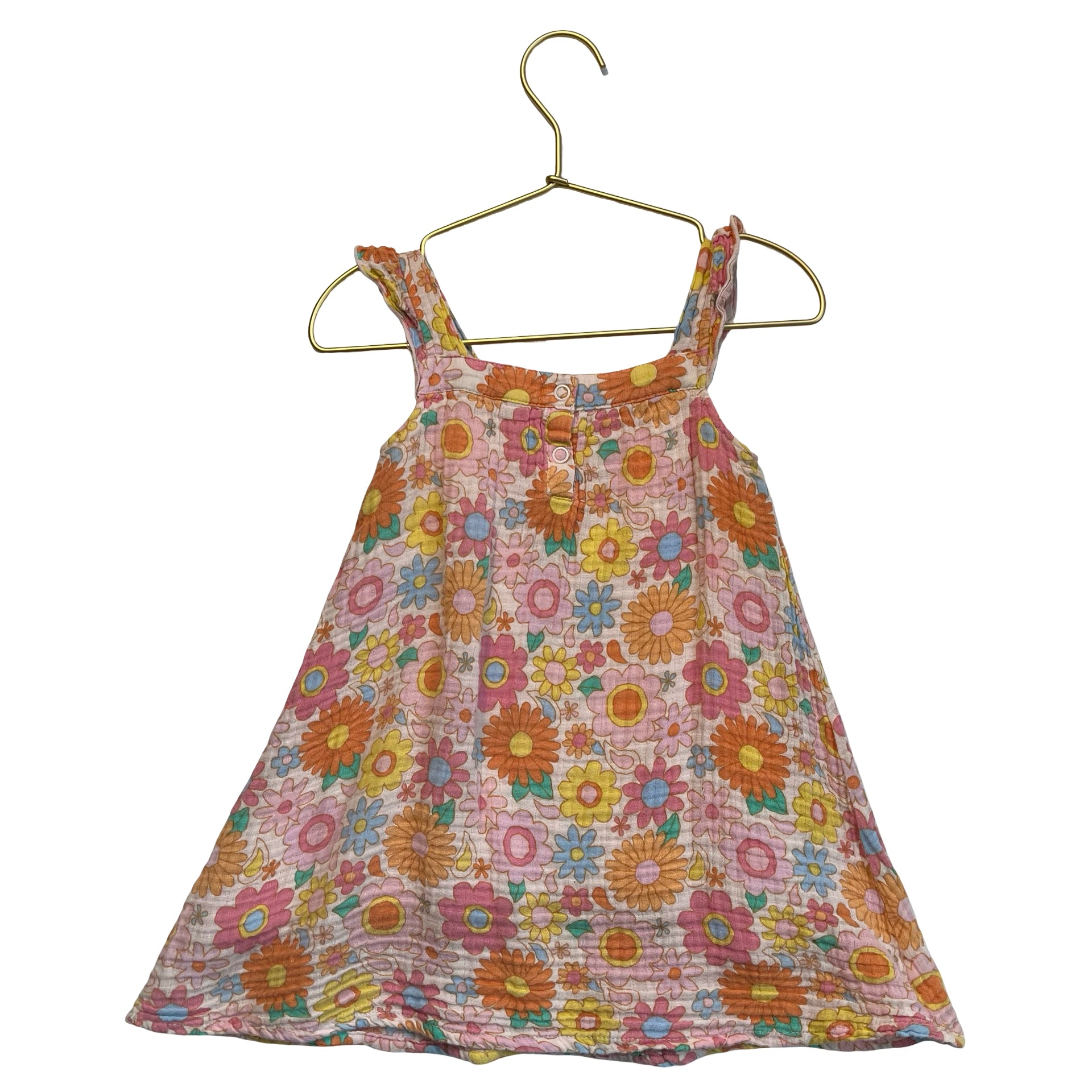 Angel Dear Peach & Multi-Color Flower Print Cotton Gauze Dress - Size 2T