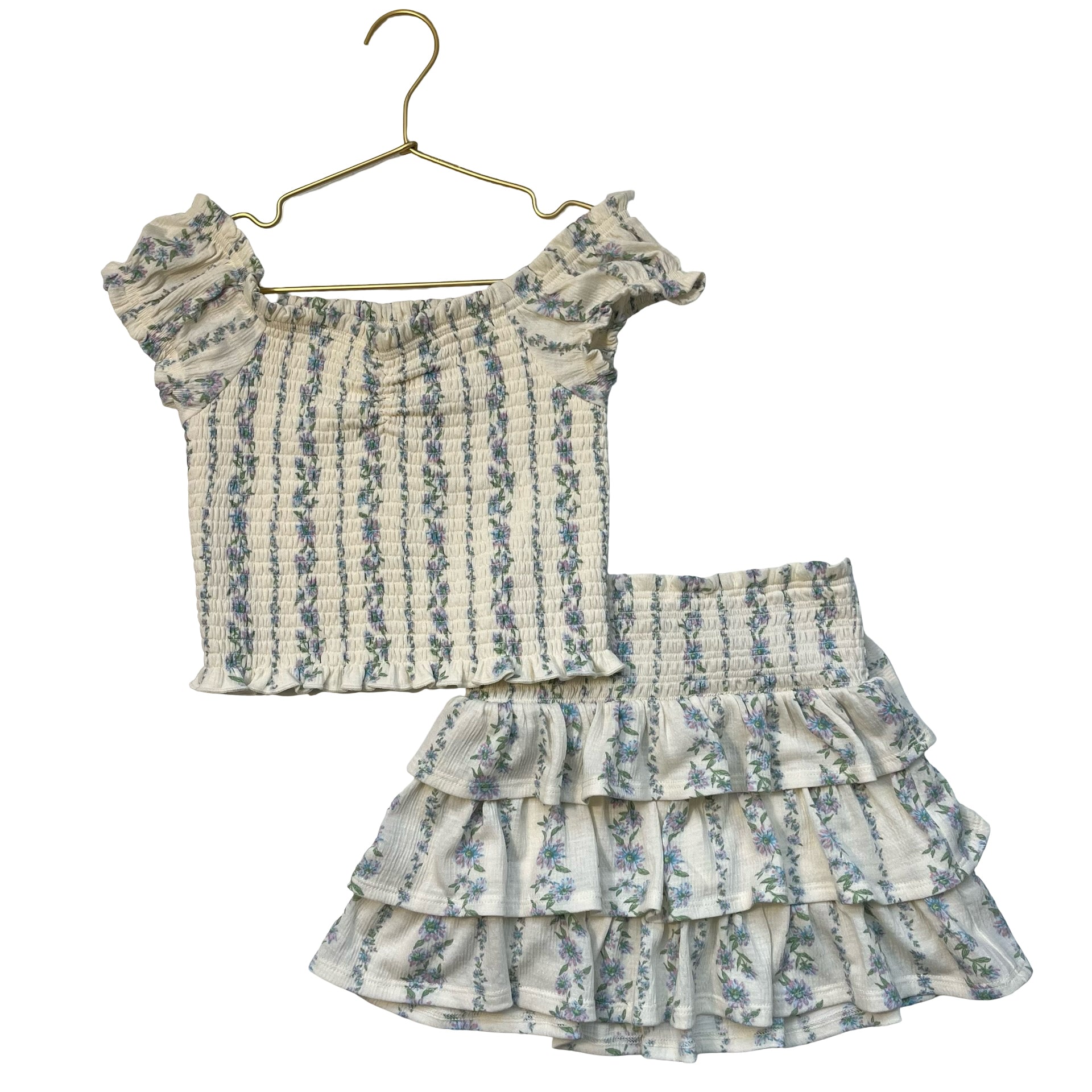 Nordstrom Ivory Floral Smocked Top & Ruffle Skirt Set - Size S 7-8