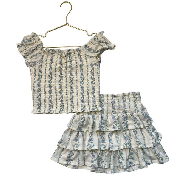 Nordstrom Ivory Floral Smocked Top & Ruffle Skirt Set - Size S 7-8