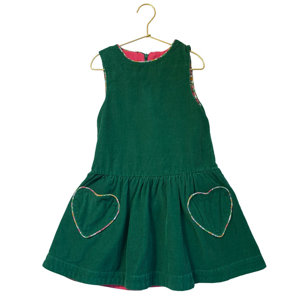 Mini Boden Green Corduroy Heart Pocket Overall Dress - Size 6-7