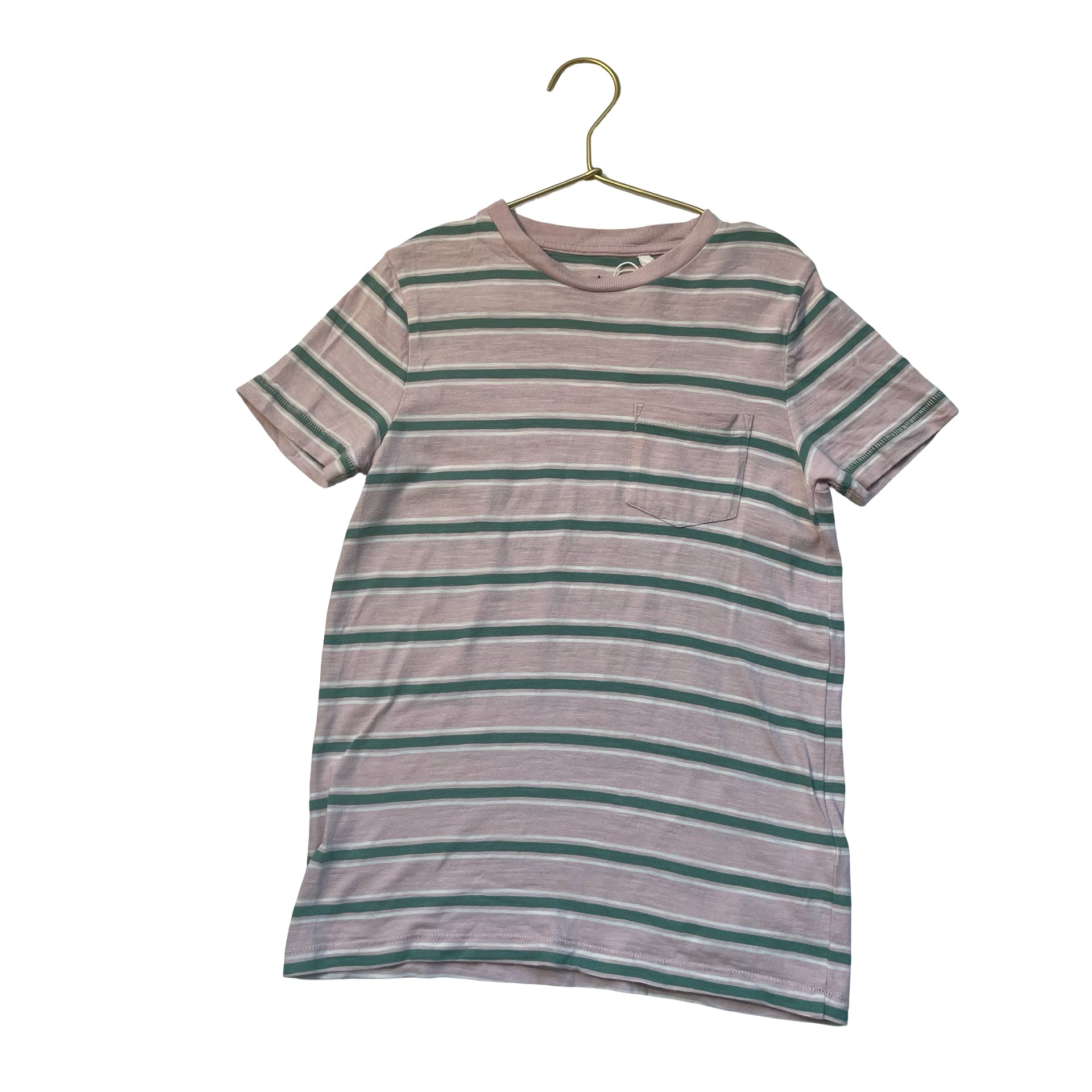Boden Pink, Green, White Striped Pocket T-Shirt - Size 7-8Y