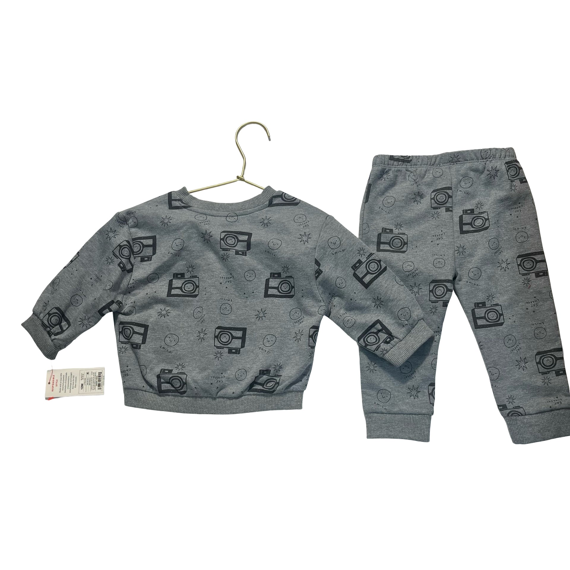 Cat & Jack Gray Camera Sweatshirt & Joggers with Tag - Size 12 Months
