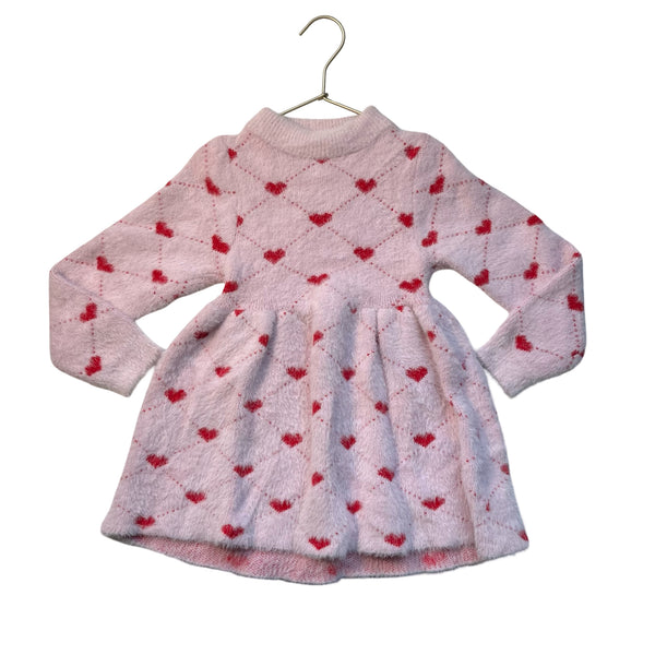 Lola & The Pink & Red Heart Print Fluffy Sweater Dress - Size 4-5