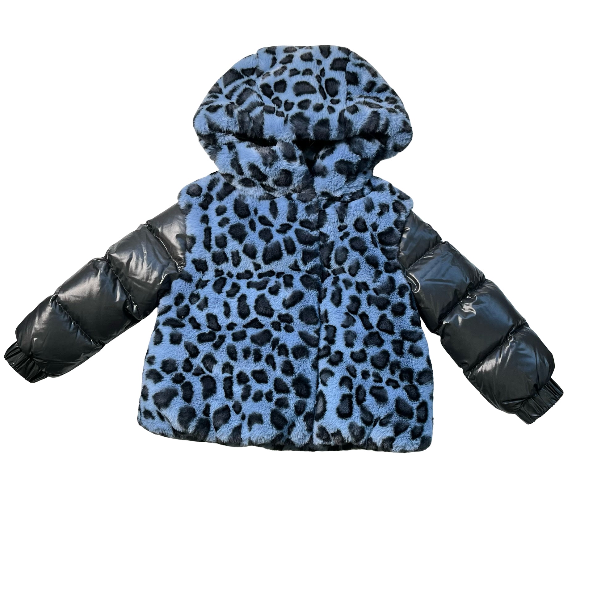 Moncler Blue Leopard Faux Fur & Puffer Hooded Jacket - Size 4A