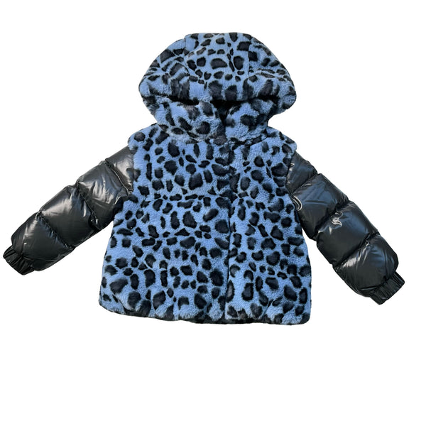 Moncler Blue Leopard Faux Fur & Puffer Hooded Jacket - Size 4A