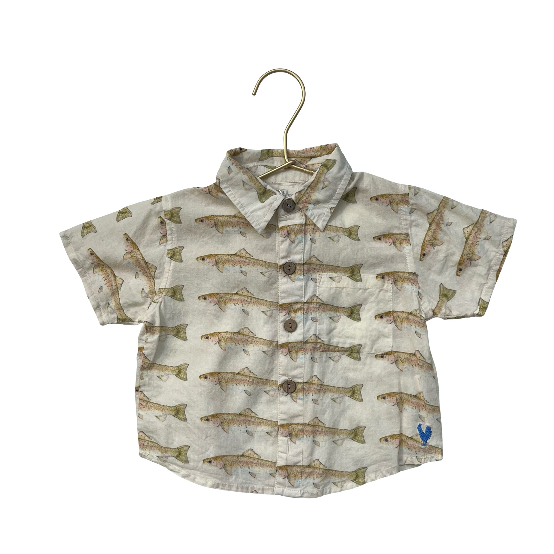 Blue Rooster Ivory Fish Print Short Sleeve Button Down Shirt - Size 12-18 Months