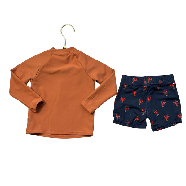 Petit Lem Orange Ribbed Rash Guard & Navy Lobster Swim Suit - Size 12-18 Mo