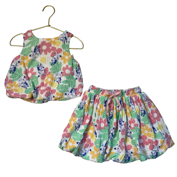 Bluey Pastel Flower Print Cotton Gauze Top & Skirt Set - Size 5T