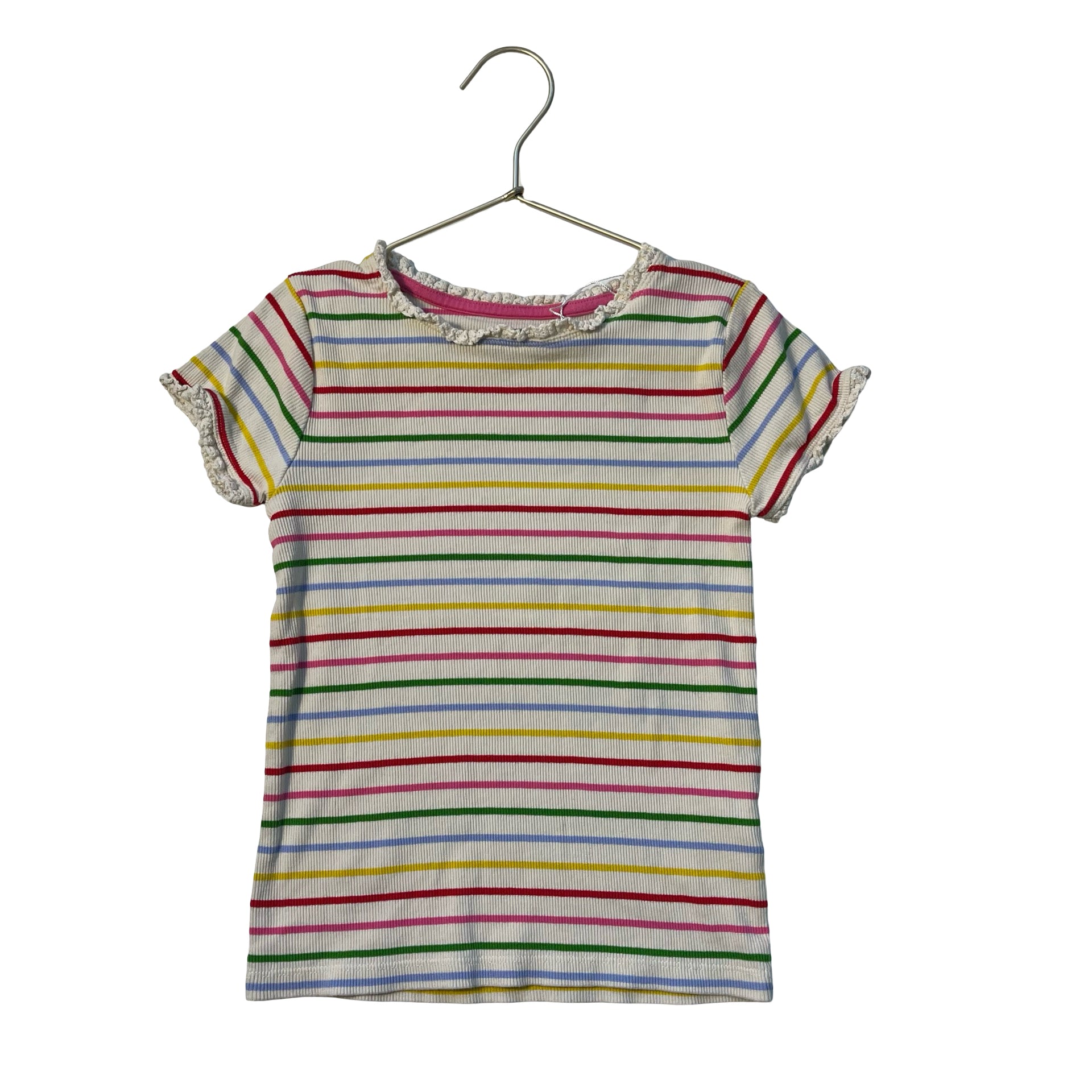 Mini Boden Ivory & Rainbow Striped Ribbed T-Shirt - Size 8-9Y