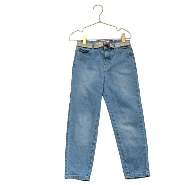 Catimini Light Wash Denim 'Mom' Jeans & Pastel Striped Belt - Size 7