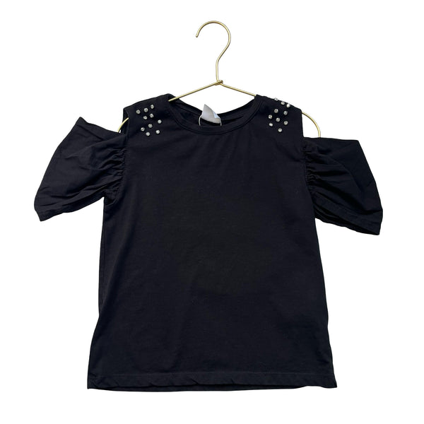 Zara Black Rhinestone Open-Shoulder T-Shirt - Size 9-10