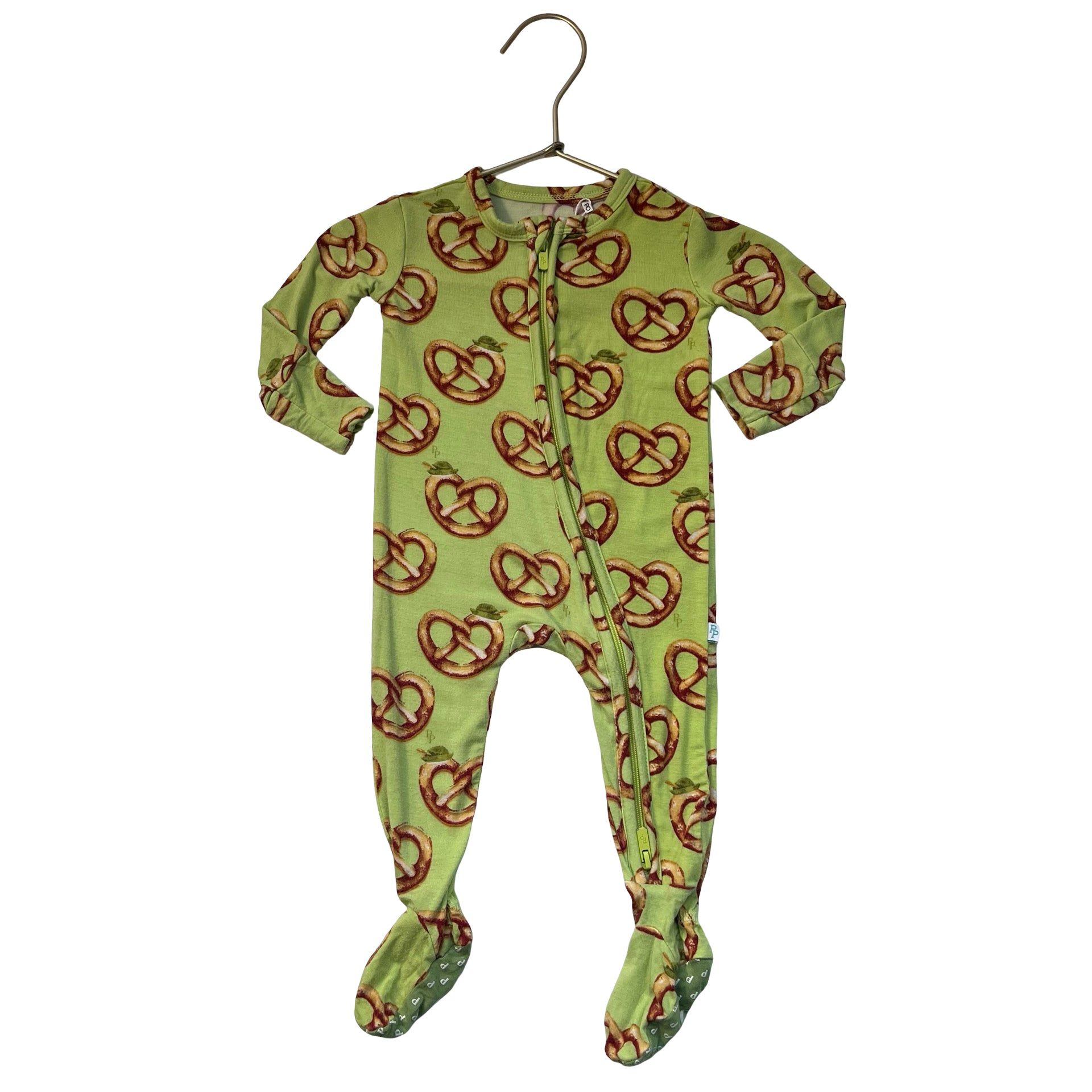 Posh Peanut Green Pretzel Print Footed One-Piece PJs - Size 3-6 Mo