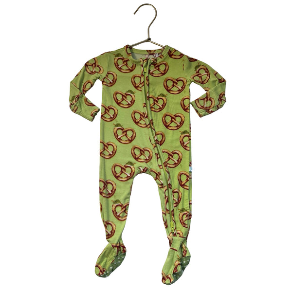 Posh Peanut Green Pretzel Print Footed One-Piece PJs - Size 3-6 Mo