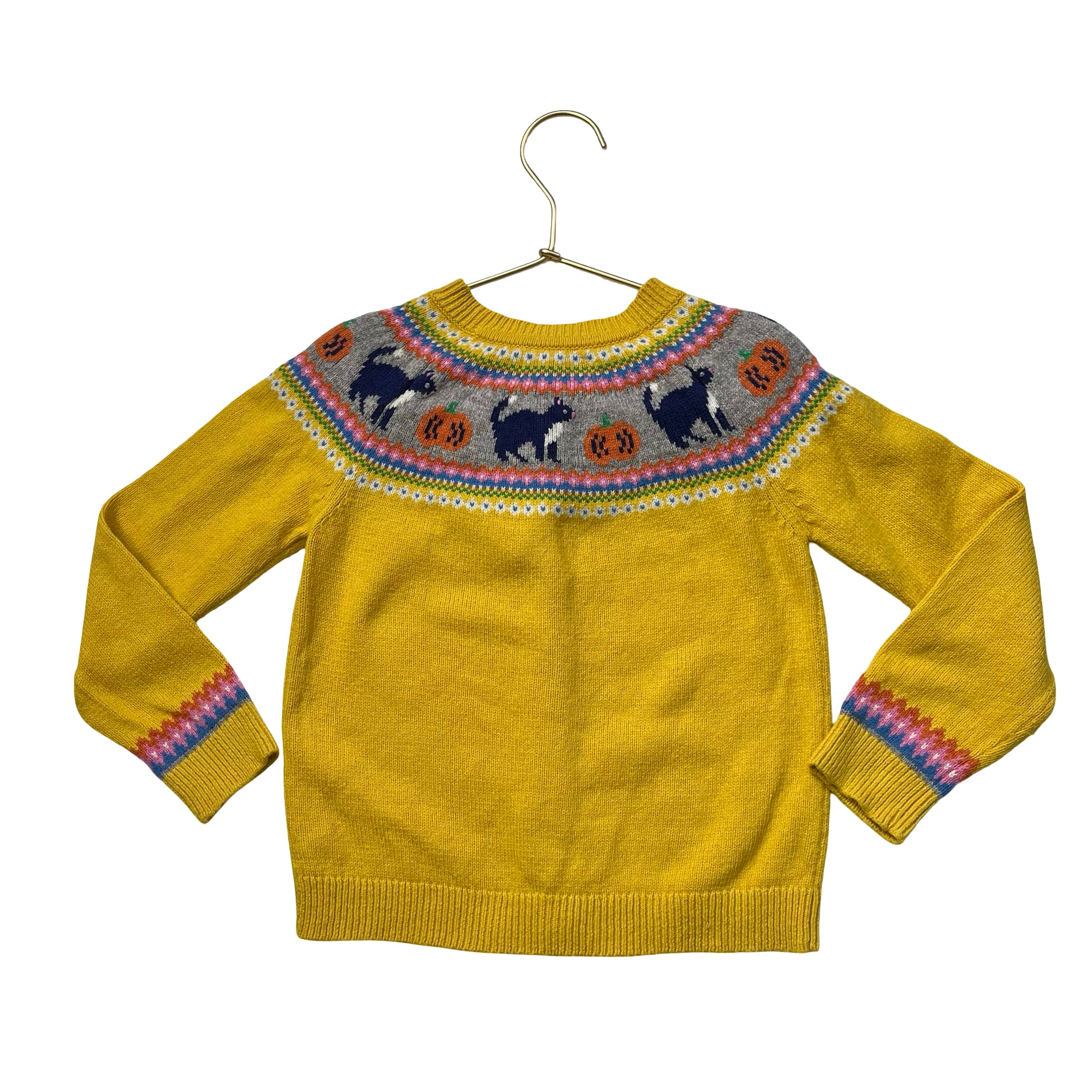 Mini Boden Yellow Cat & Pumpkin Fair Isle Cardigan Sweater - Size 5-6Y