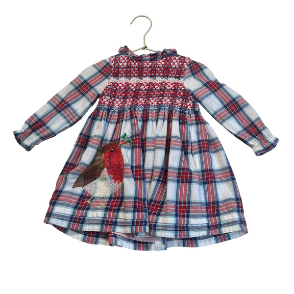 Baby Boden Plaid Flannel Smocked Embroidered Bird Dress - Size 12-18 Mo