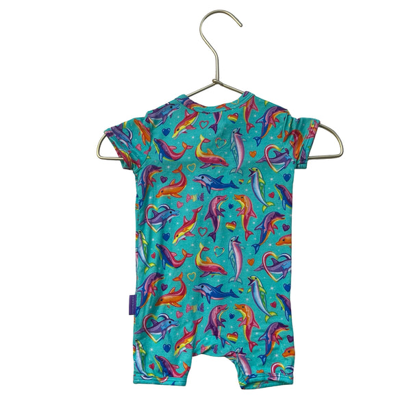 Posh Peanut x Lisa Frank Teal Dolphin Print One-Piece Romper PJ - Size 0-3 Mo