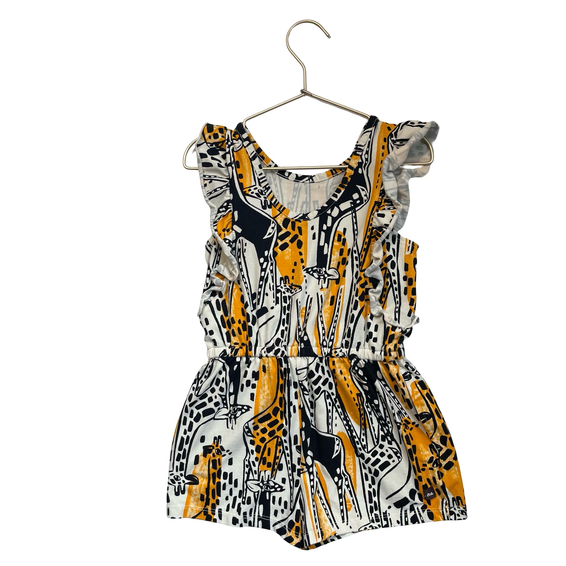 Tea Collection Ivory, Yellow, Black Giraffe Print Romper - Size 6