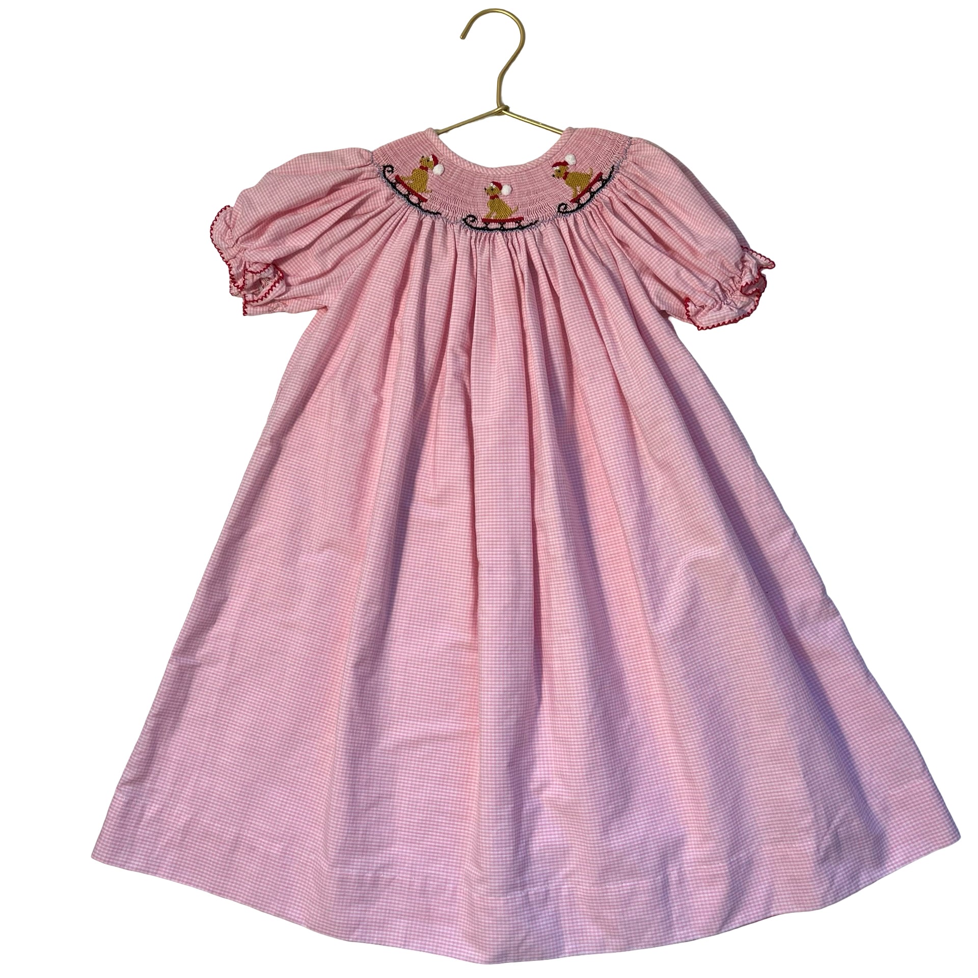 Southern Sunshine Pink Gingham Smocked Christmas Dog Sled Dress - Size 4T
