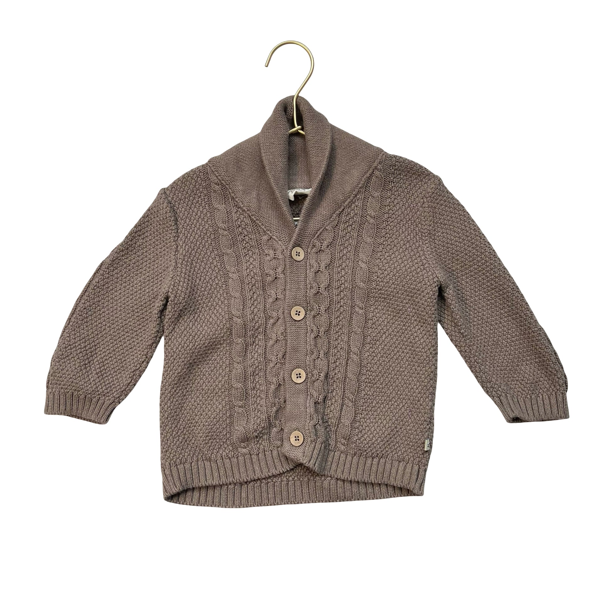 Viverano Brown Cotton Cable-Knit Shawl-Neck Cardigan Sweater - Size 18-24 Mo