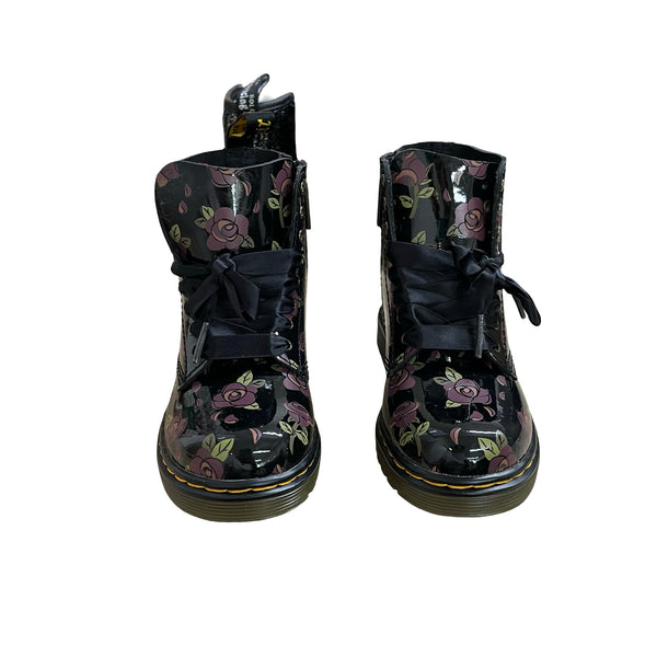 Dr. Martens Black Flower Print Patent Boots - Size 10