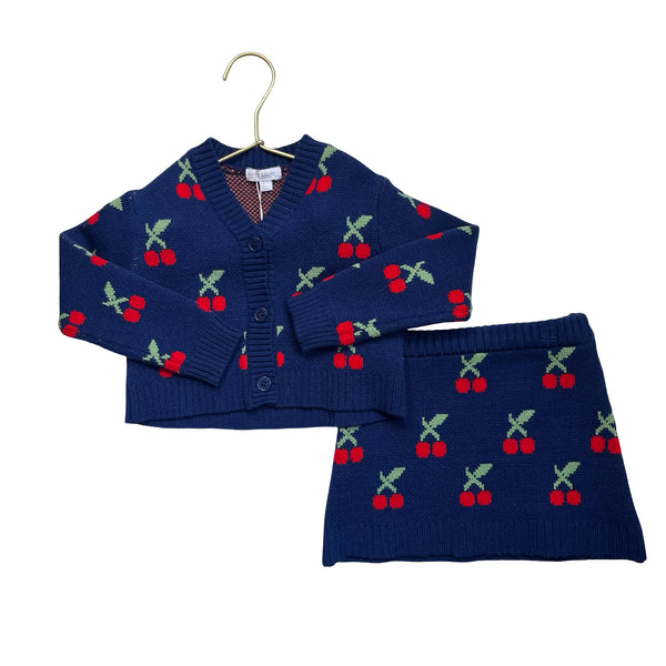 btween Blue & Red Cherry Pattern Knit Skirt & Cardigan Sweater Set - Size 2T