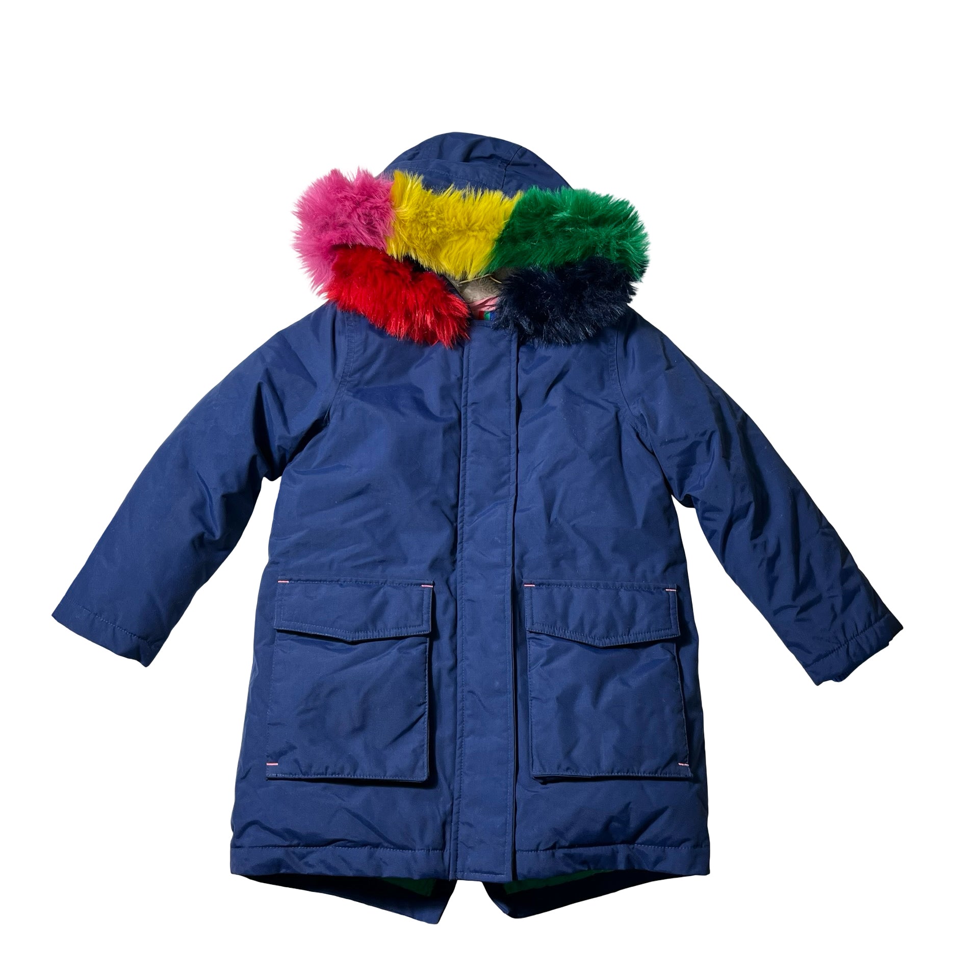 Boden Navy & Rainbow Faux Fur Trim Hood Winter Jacket - Size 6-7