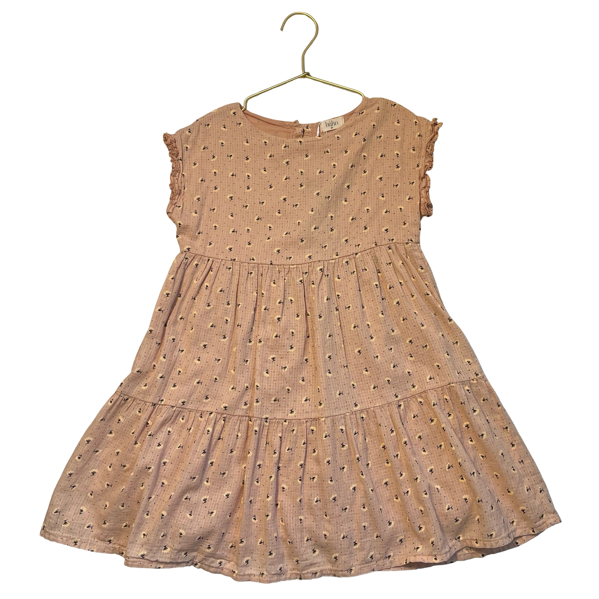 Buho Peach Check, Flower, Dot Print Dress - Size 6Y