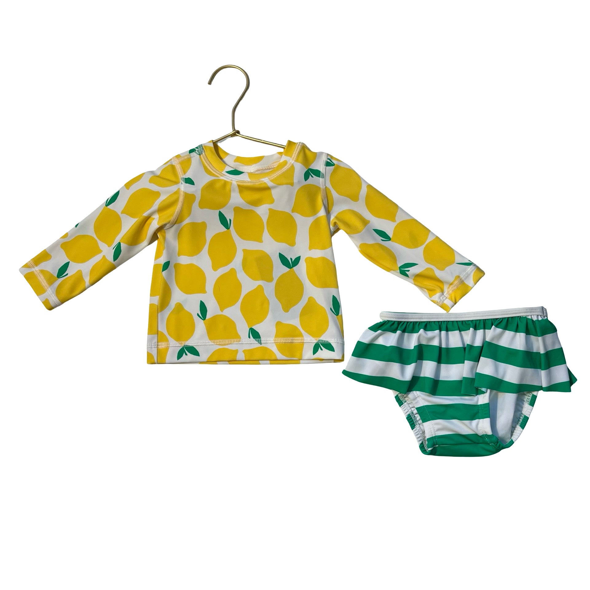 Hanna Andersson Yellow Lemon & Green Striped 2 Piece Swim Suit - Size 6-12 Mo