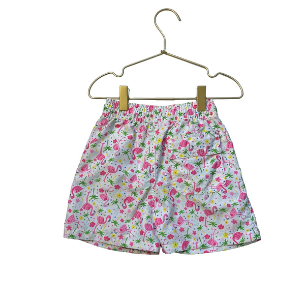 Flap Happy White & Pink Flamingo Print Swim Shorts - Size 4