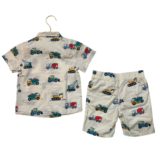H&M Ivory Construction Truck Print Button Down Shirt & Shorts Set - Size 3T