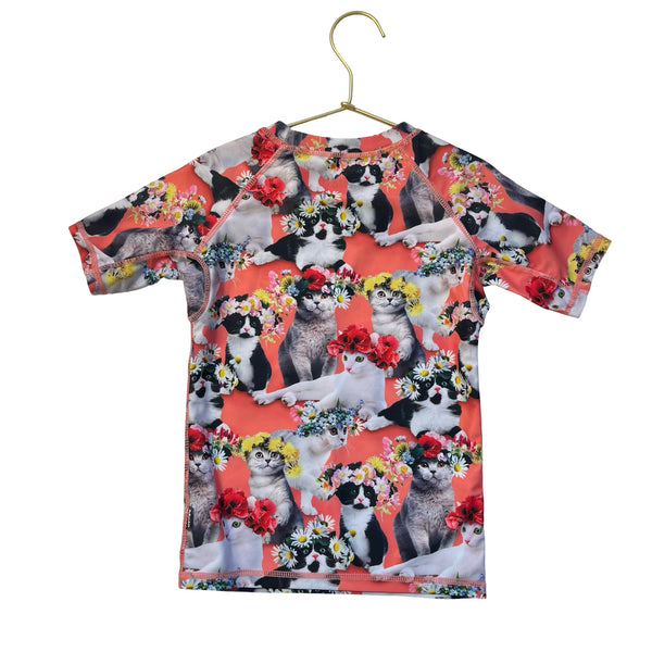 Molo Orange Flower Crown Cats Print Rash Guard - Size 5-6Y