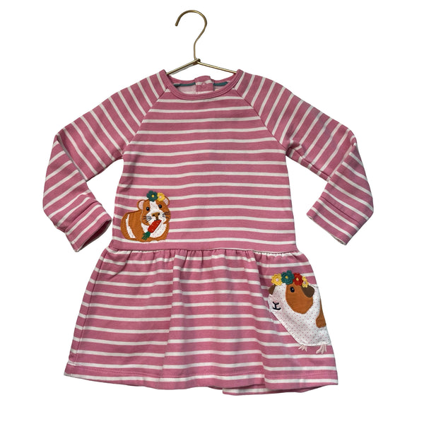 Baby Boden Pink Striped Guinea Pig Applique Sweatshirt Dress - Size 18-24 Mo