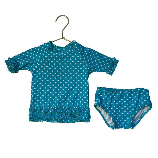 Ruffle Butts Aqua Blue Polka Dot Rash Guard 2 Piece Swim Suit - Size 12-18 Mo