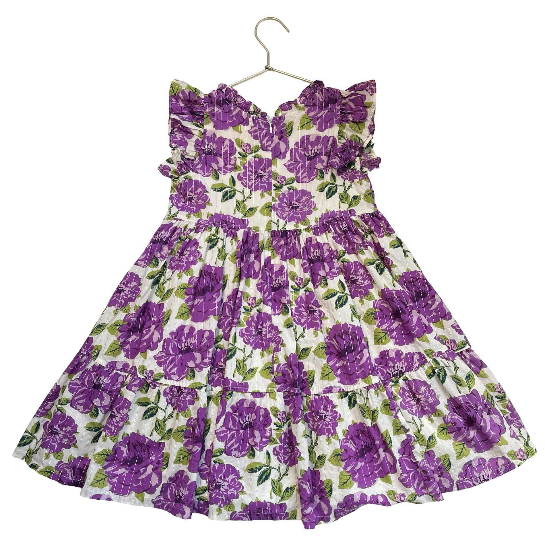 Pink Chicken Ivory & Purple Floral & Silver Metallic Dress - Size 7Y